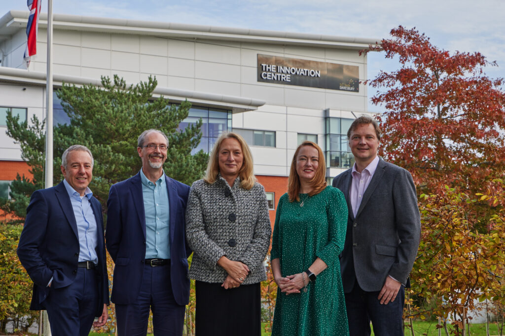 Photo of Massimo Noro, Business Development Director, STFC, John Leake, Business Growth Director, Sci-Tech Daresbury, Lorna Green, CEO, LYVA Labs, Dr Angela Walsh, Business Development, STFC Daresbury Laboratory, Ivo Kerkhof, Chief Operating Officer, LYVA Labs.