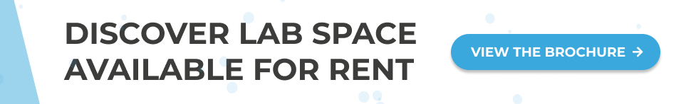 Midline banner that says 'discover lab space available for rent' with a button that says view brochure
